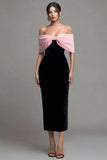Off the Shoulder Black Pink Bodycon Midi Formal Dress with Bowknot