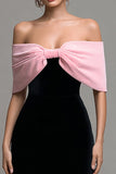 Off the Shoulder Black Pink Bodycon Midi Formal Dress with Bowknot