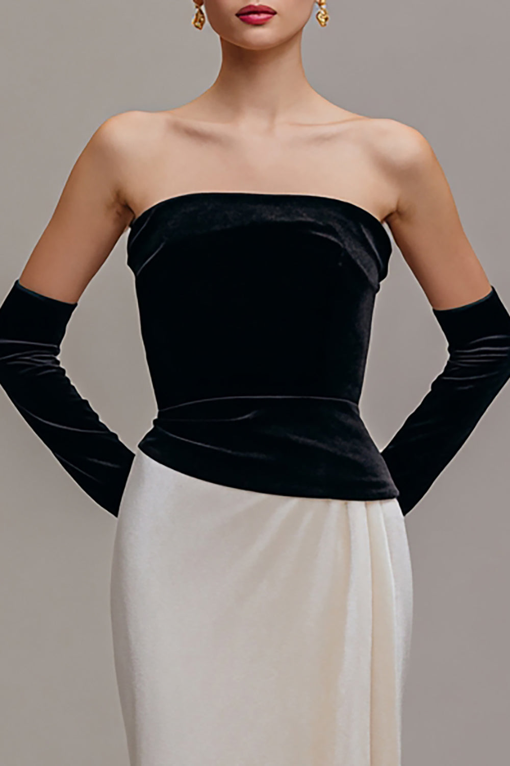 Black Champagne Velvet Strapless Sheath Formal Dress