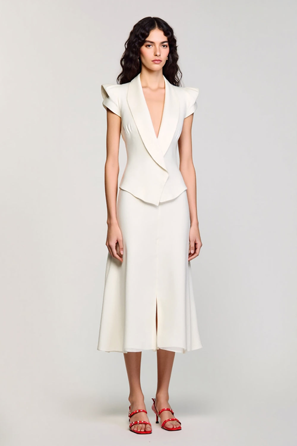 Ivory Shawl Lapel 2 Piece Midi Business Suits with Cap Sleeves