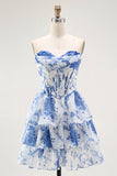 Strapless White Blue Flower Corset A-Line Tiered Short Cocktail Dress