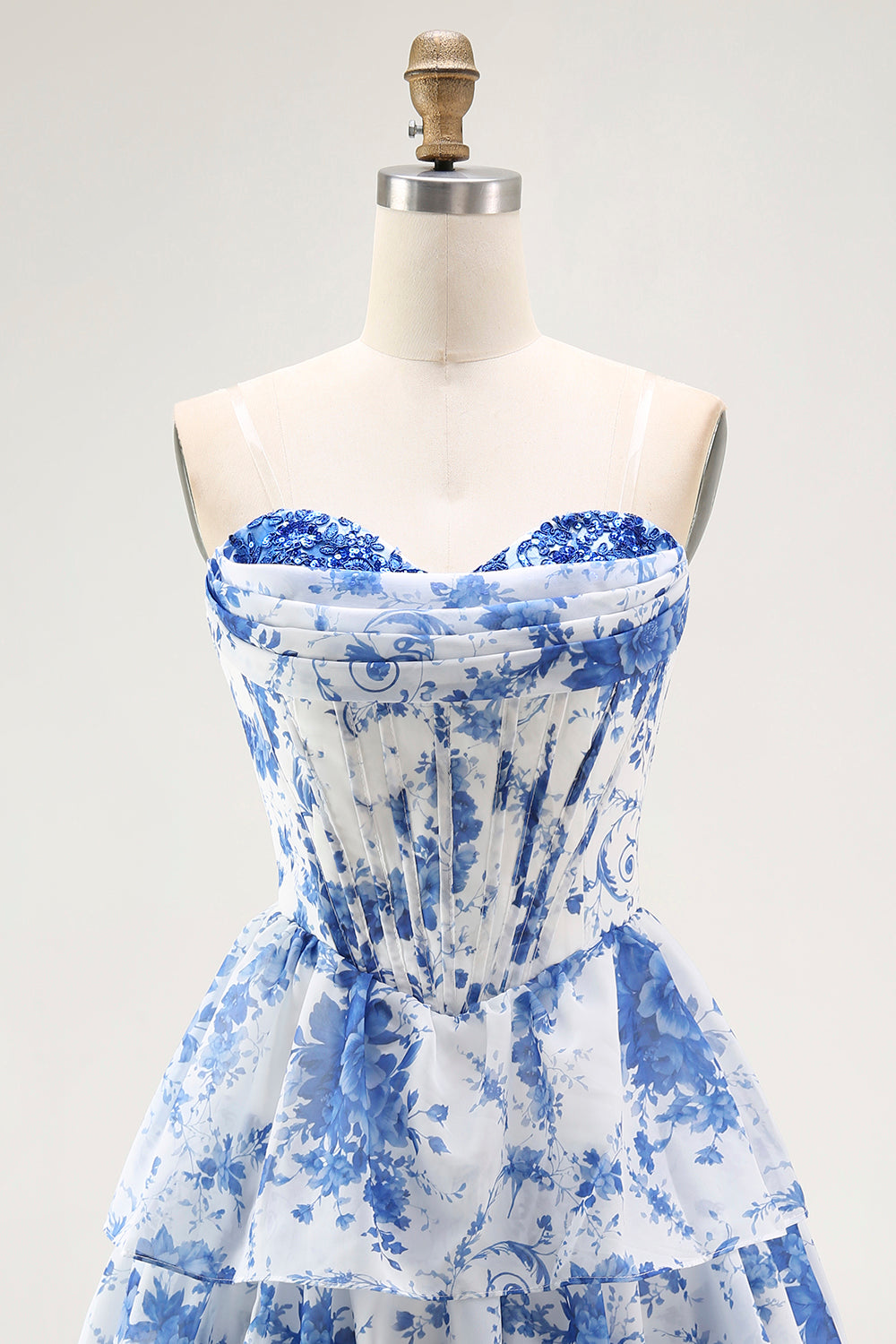 Strapless White Blue Flower Corset A-Line Tiered Short Cocktail Dress