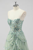 Lavender A Line Strapless Sequins Corset Tiered Prom Dress with Slit