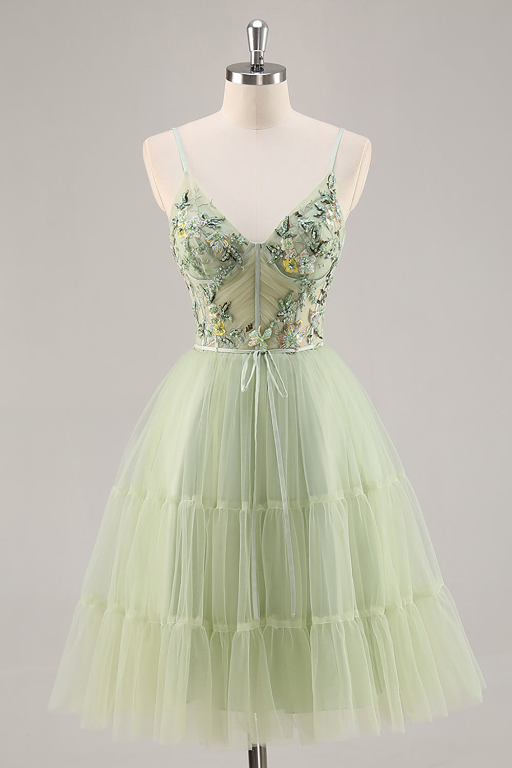 Green A Line Appliqued Corset Short Ball Dress