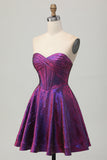 Metallic Dark Purple Strapless Corset Short Homecoming Dress