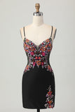 Black Bodycon Flower Spaghetti Straps Mini Homecoming Dress