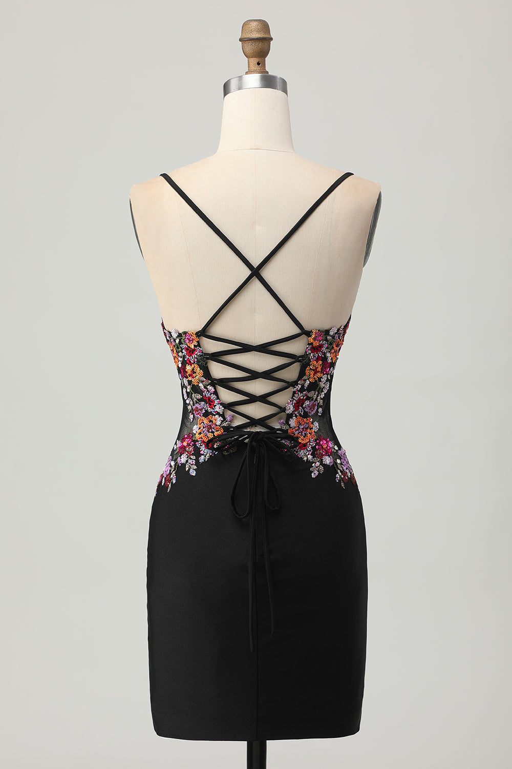 Black Bodycon Flower Spaghetti Straps Mini Homecoming Dress