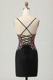 Black Bodycon Flower Spaghetti Straps Mini Homecoming Dress