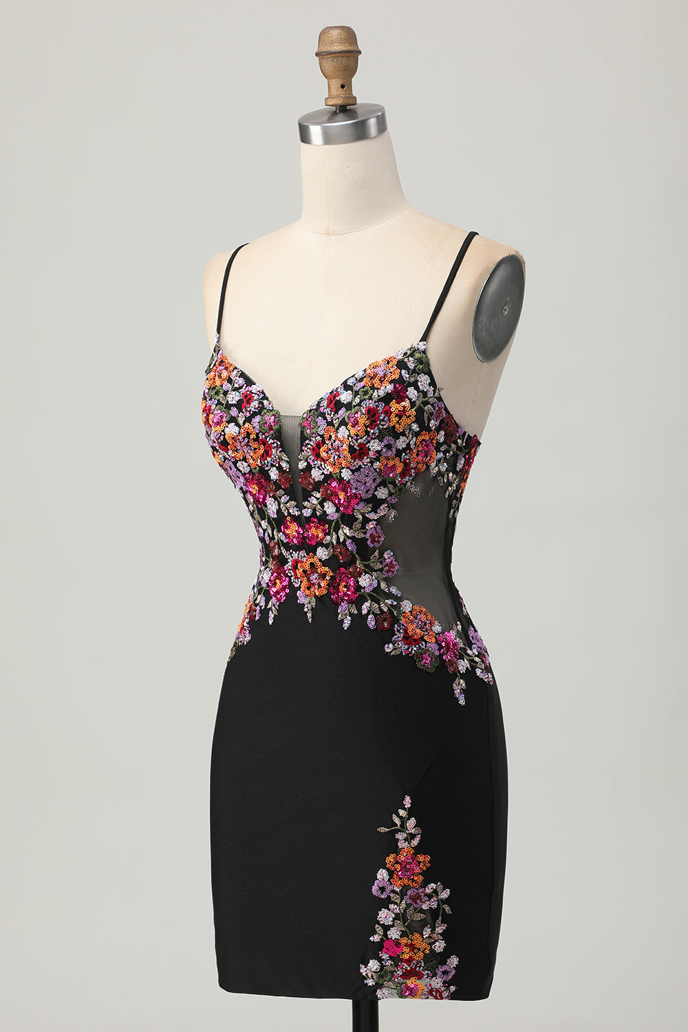 Black Bodycon Flower Spaghetti Straps Mini Homecoming Dress