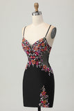 Black Bodycon Flower Spaghetti Straps Mini Homecoming Dress
