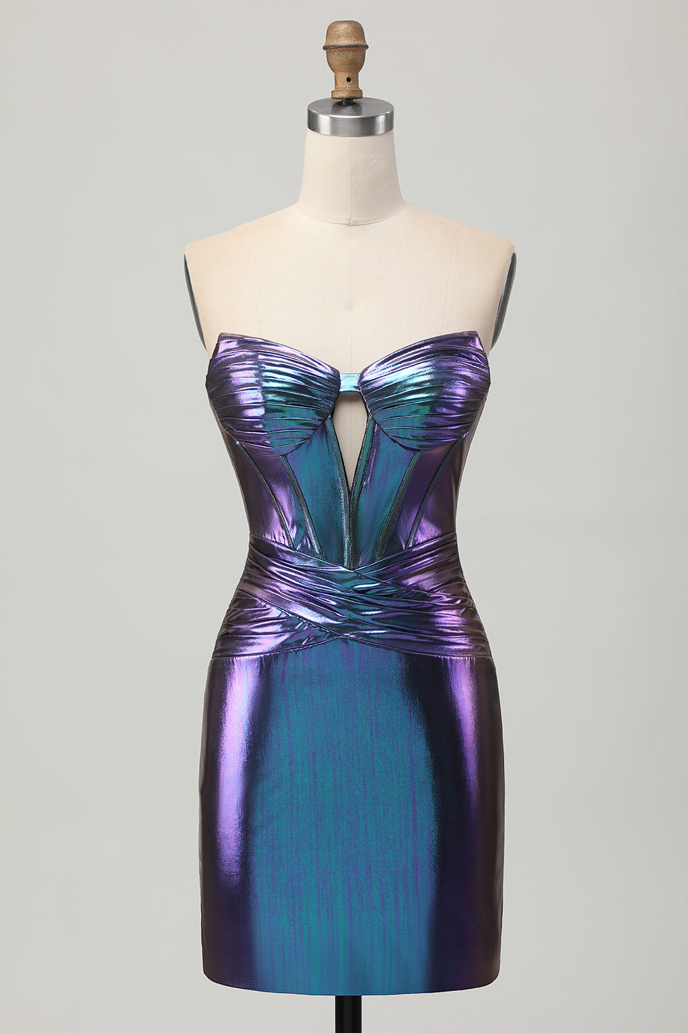 Metallic Blue Purple Strapless Cut Out Corset Tight Homecoming Dress