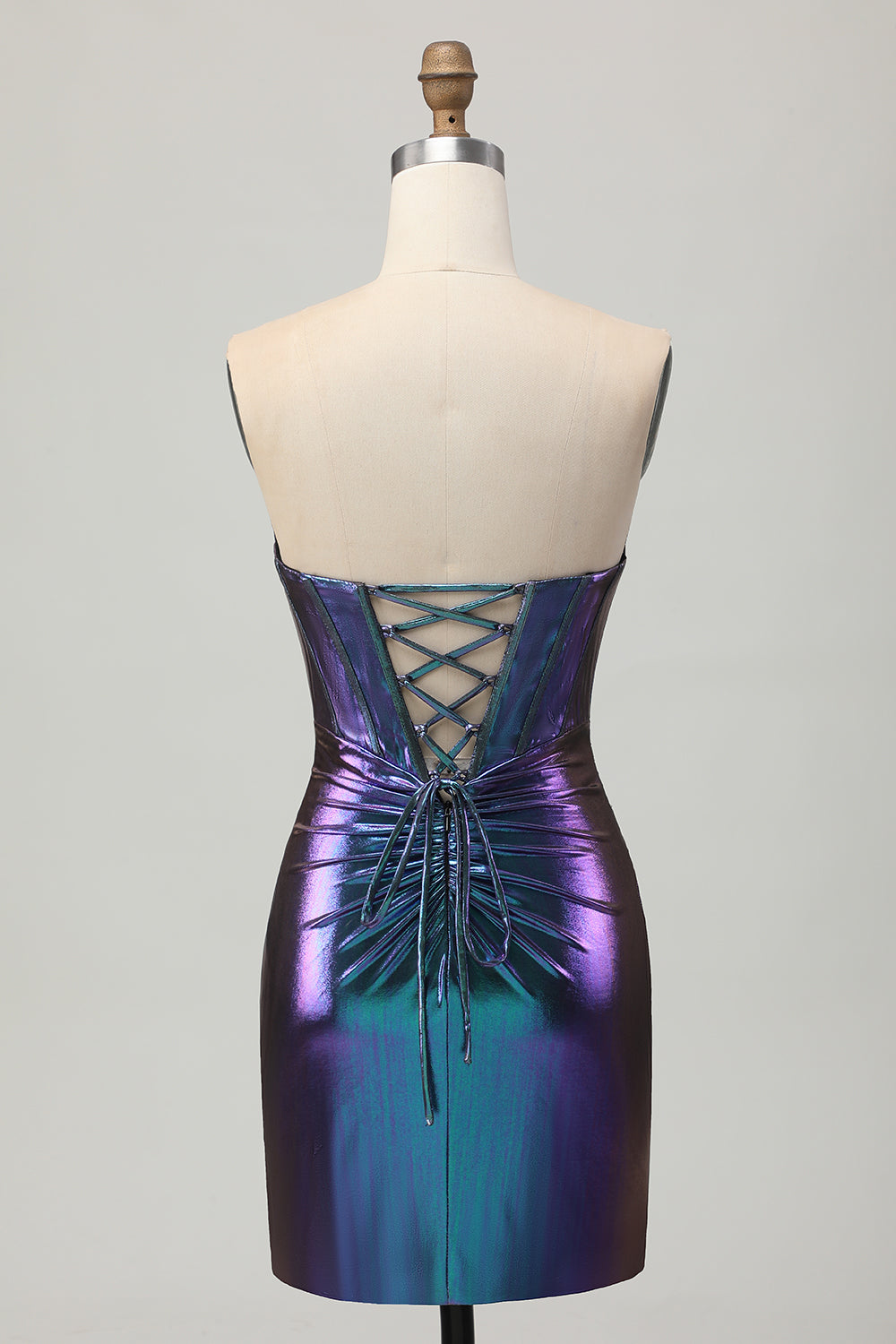 Metallic Blue Purple Strapless Cut Out Corset Tight Homecoming Dress