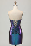 Metallic Blue Purple Strapless Cut Out Corset Tight Homecoming Dress