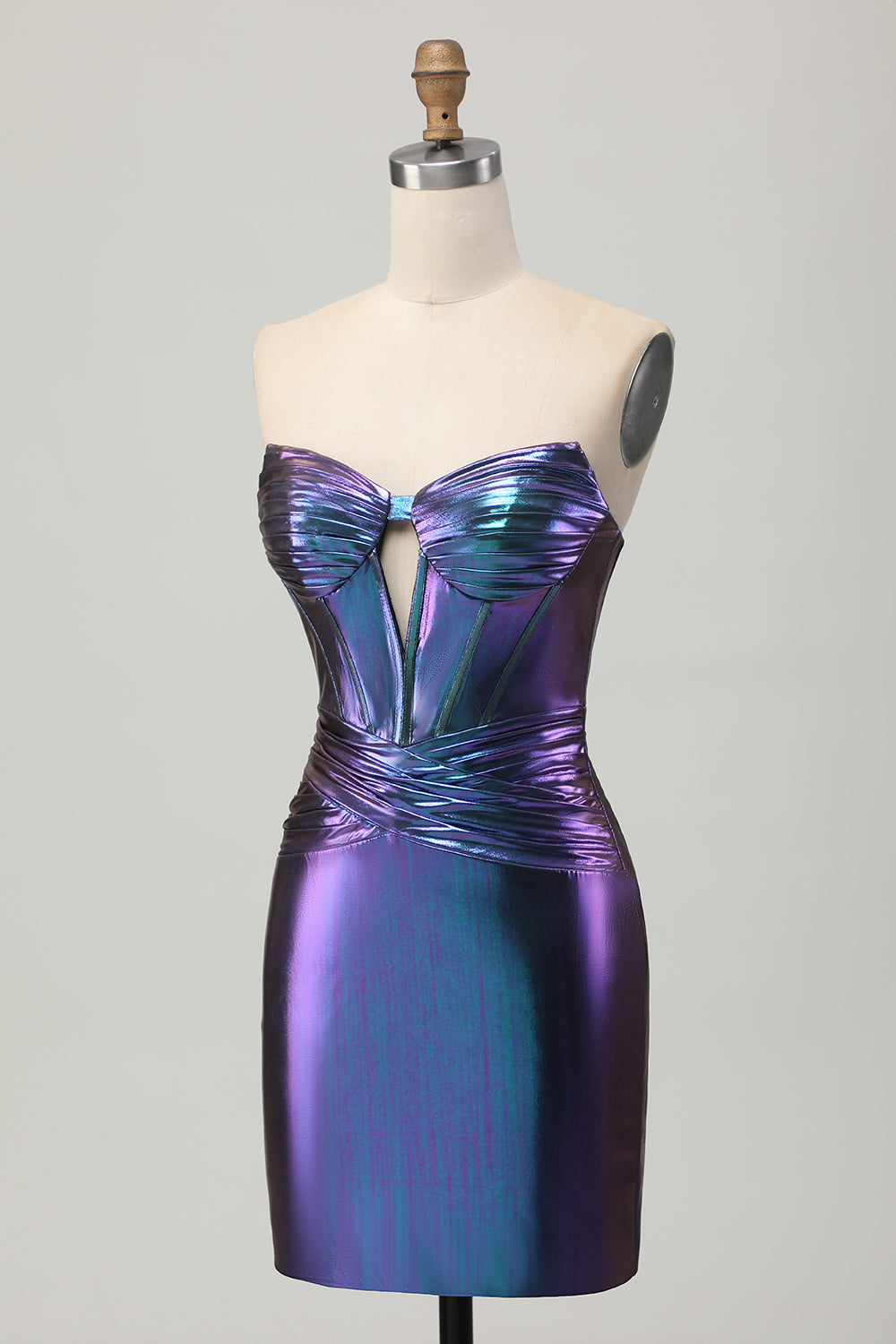 Metallic Blue Purple Strapless Cut Out Corset Tight Homecoming Dress