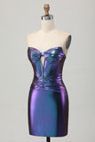 Metallic Blue Purple Strapless Cut Out Corset Tight Homecoming Dress