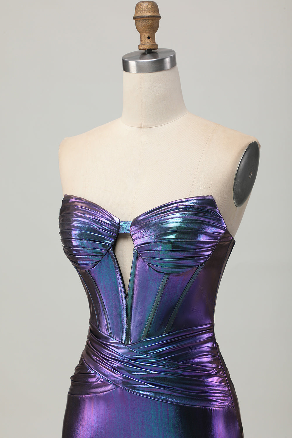 Metallic Blue Purple Strapless Cut Out Corset Tight Homecoming Dress