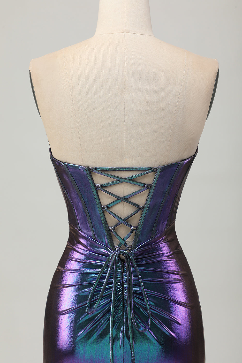 Metallic Blue Purple Strapless Cut Out Corset Tight Homecoming Dress