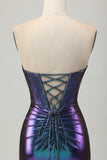 Metallic Blue Purple Strapless Cut Out Corset Tight Homecoming Dress