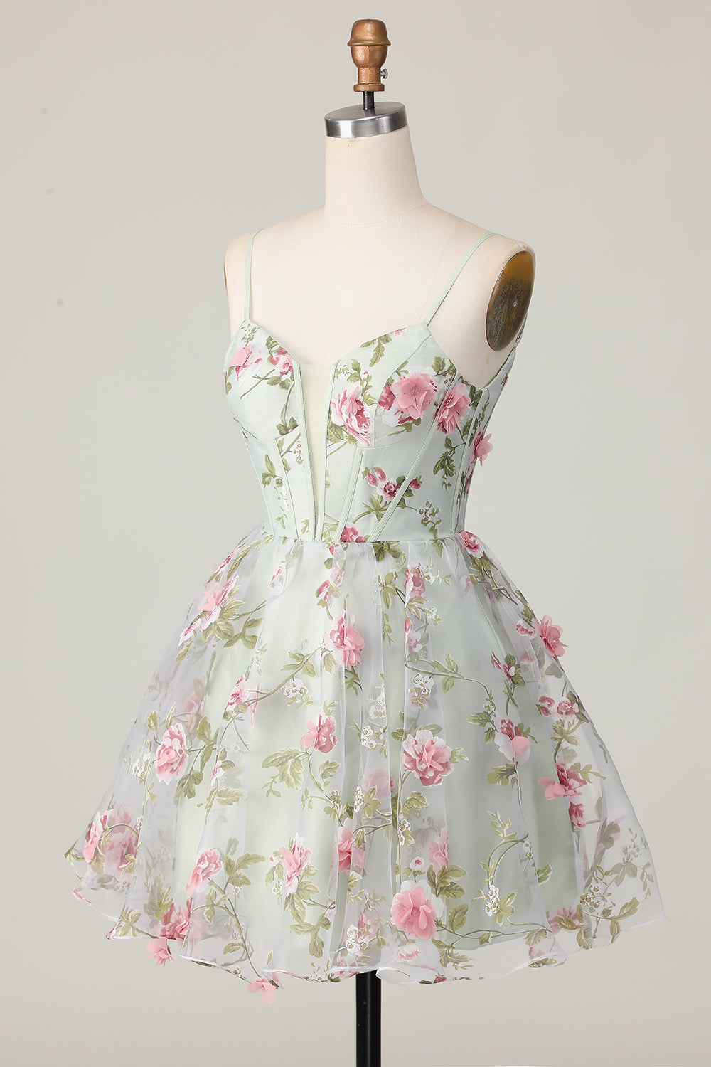 Sage Flower A-Line Corset Homecoming Dress with Lace Up Back