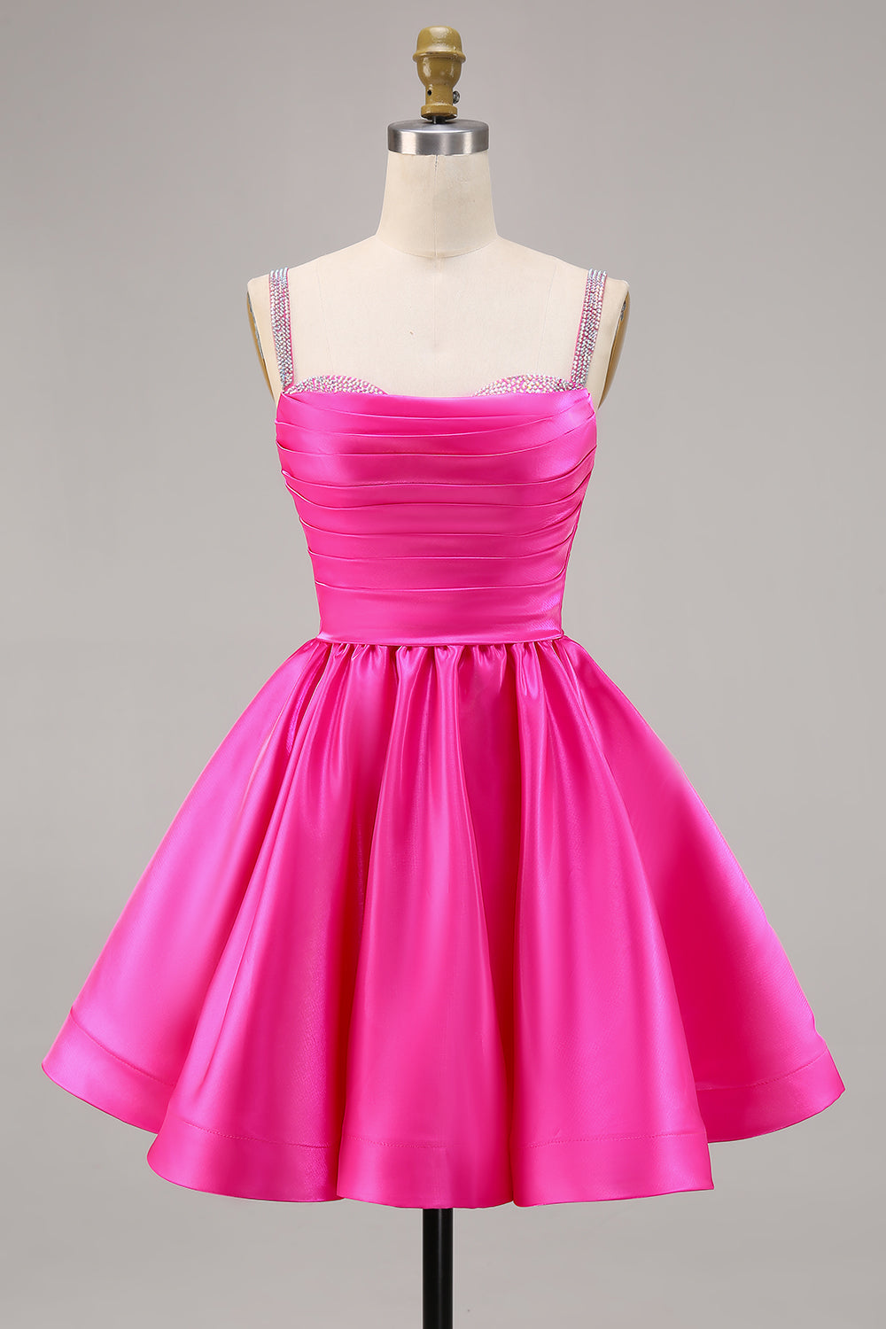 Fuchsia Satin A Line Short Homecoming Dress with Beading