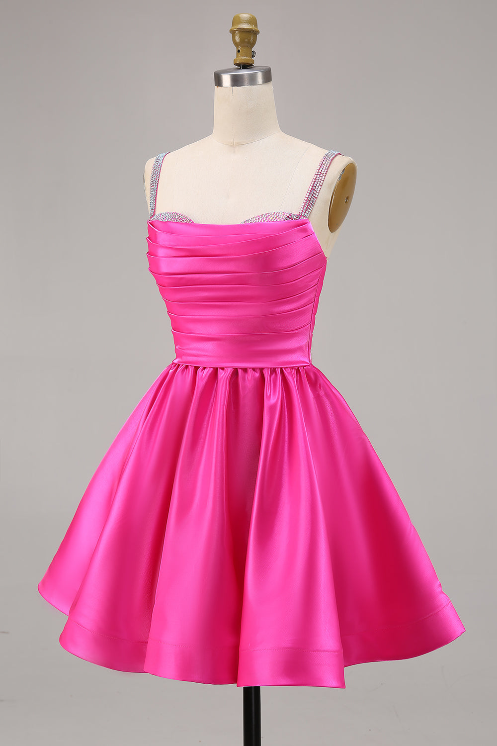 Fuchsia Satin A Line Short Homecoming Dress with Beading