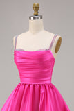 Fuchsia Satin A Line Short Homecoming Dress with Beading