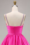 Fuchsia Satin A Line Short Homecoming Dress with Beading
