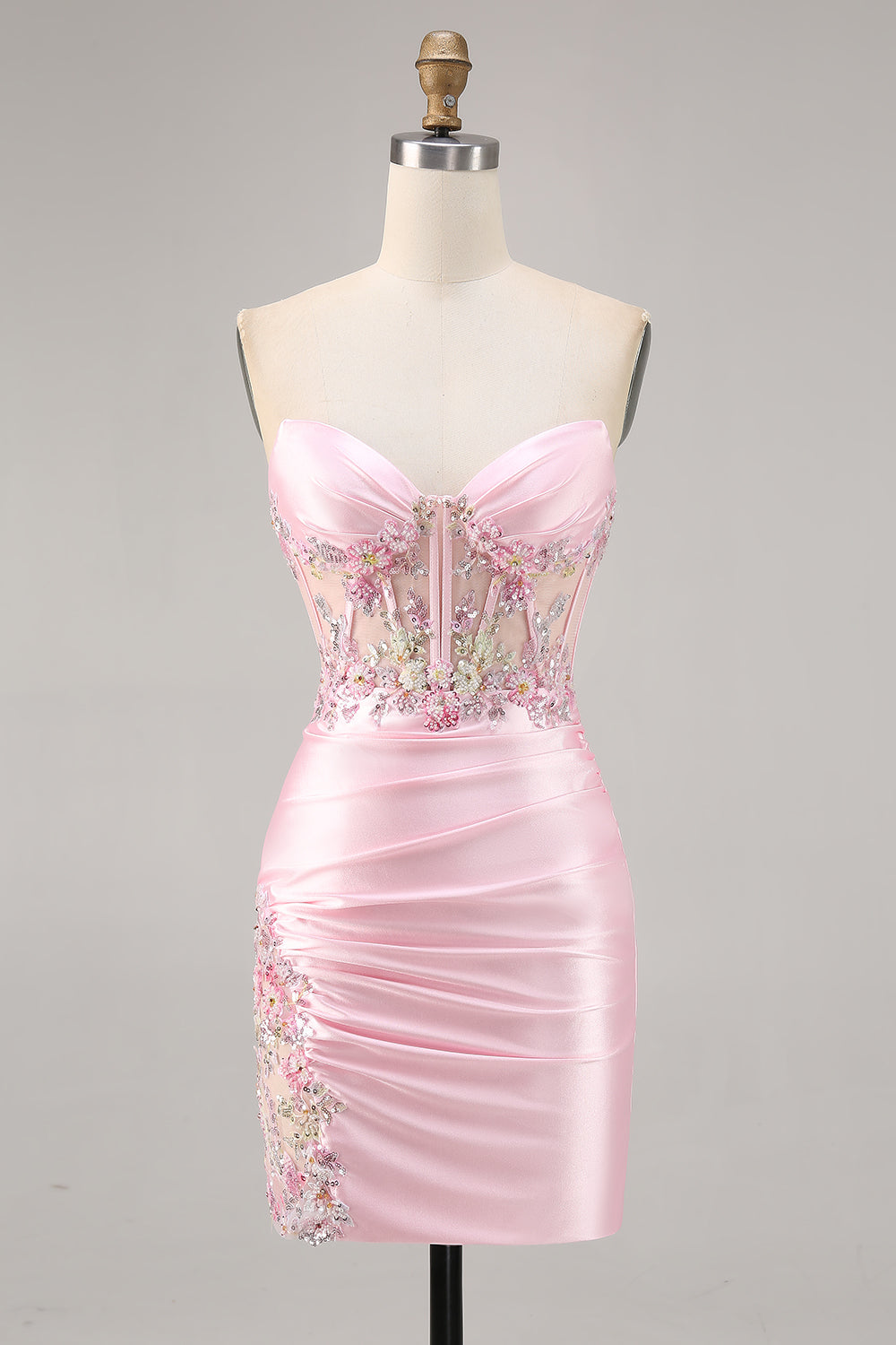 Candy Pink Satin Bodycon Short Corset Homecoming Dress with Applique