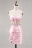 Candy Pink Satin Bodycon Short Corset Homecoming Dress with Applique