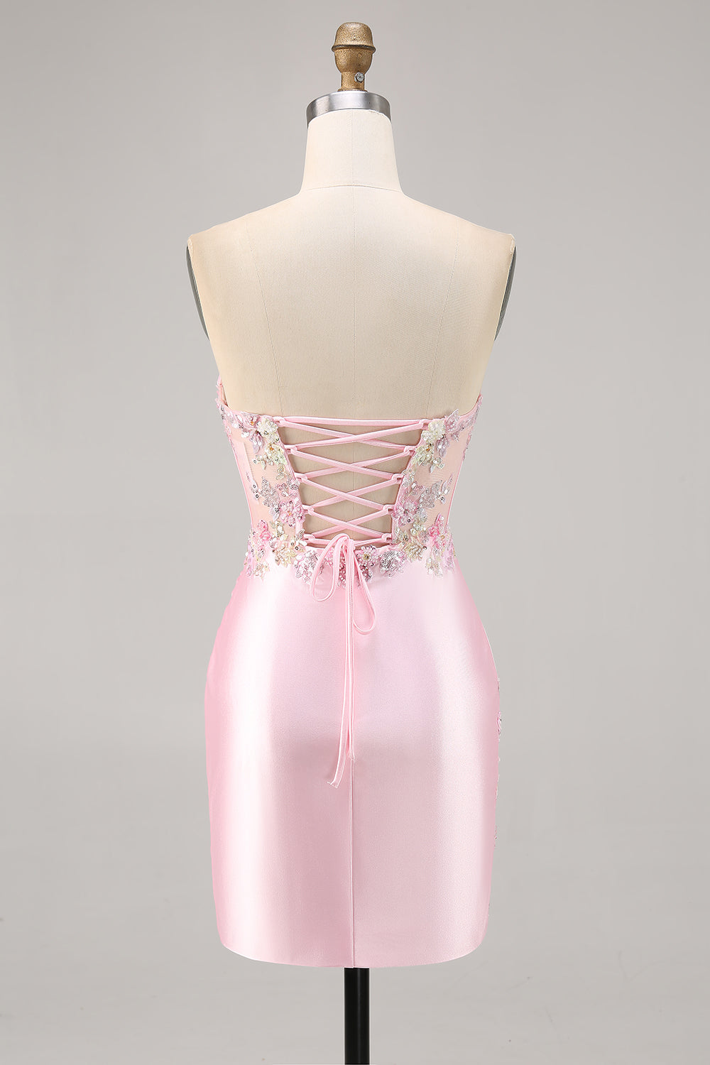Candy Pink Satin Bodycon Short Corset Homecoming Dress with Applique