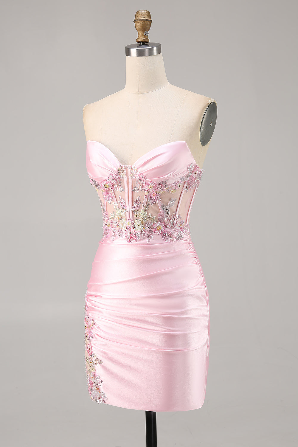 Candy Pink Satin Bodycon Short Corset Homecoming Dress with Applique