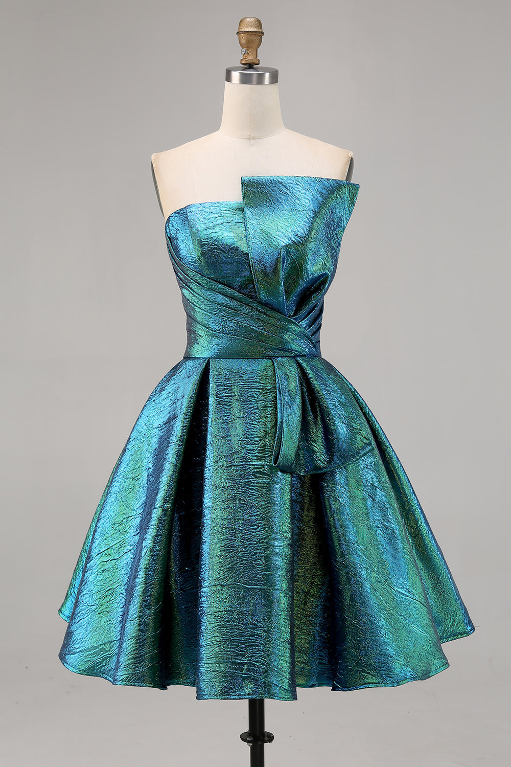Metallic Ruched Peacock Green Strapless A Line Homecoming Dress