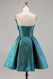 Metallic Ruched Peacock Green Strapless A Line Homecoming Dress