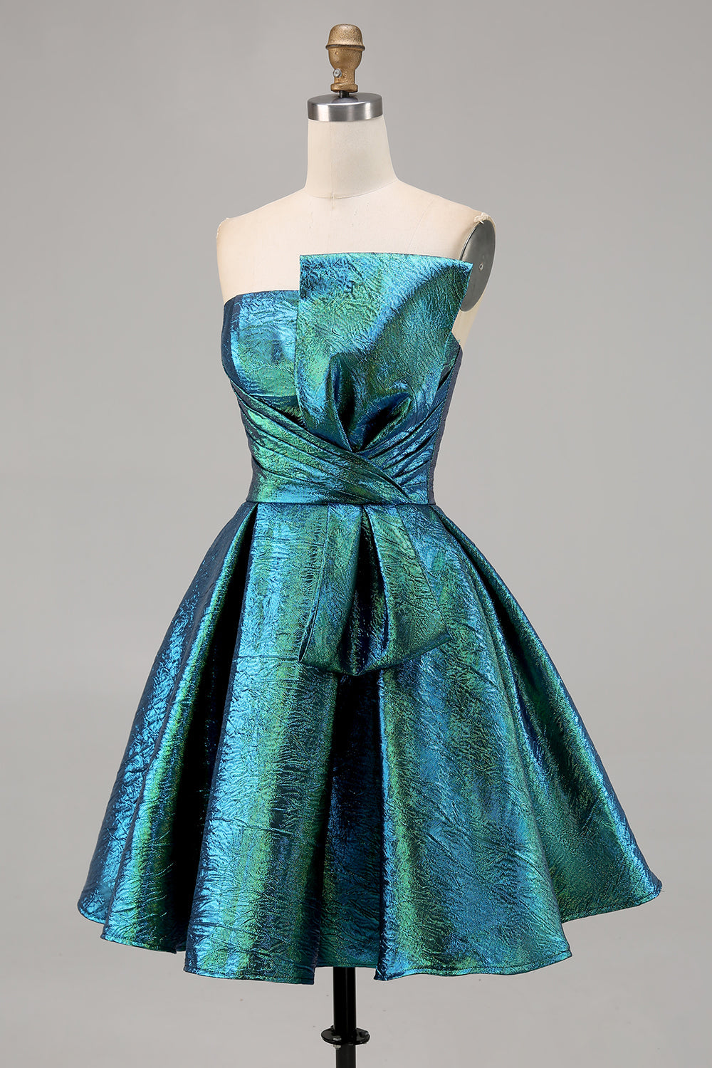 Metallic Ruched Peacock Green Strapless A Line Homecoming Dress