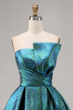 Metallic Ruched Peacock Green Strapless A Line Homecoming Dress