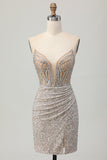 Silver Strapless Bodycon Sequins Homecoming Dress with Slit