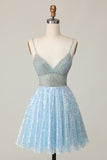 Sparkly Light Blue V Neck Sequin A Line Homecoming Dress