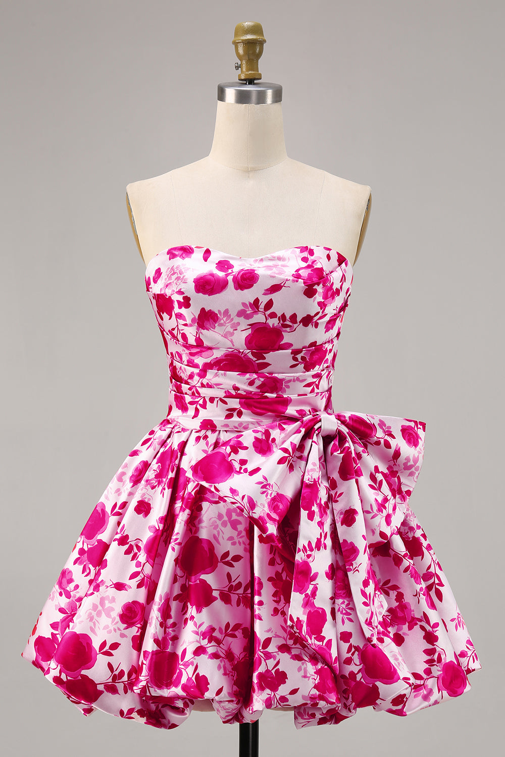 Floral Fuchsia Strapless A Line Homecoming Dress with Bow