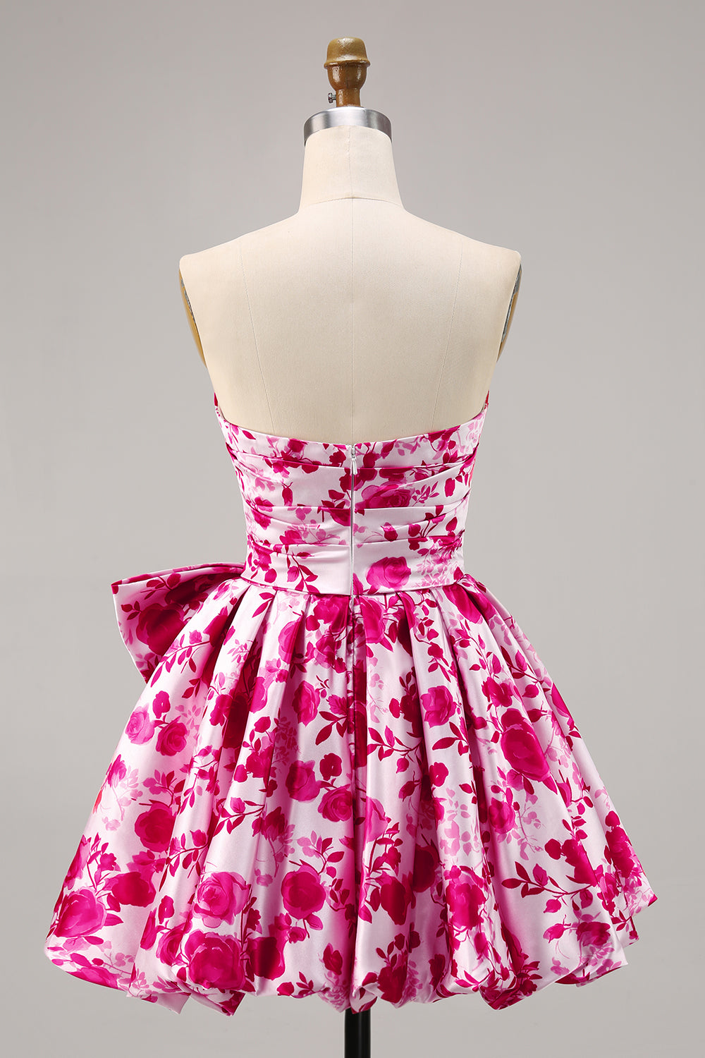 Floral Fuchsia Strapless A Line Homecoming Dress with Bow