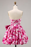Floral Fuchsia Strapless A Line Homecoming Dress with Bow
