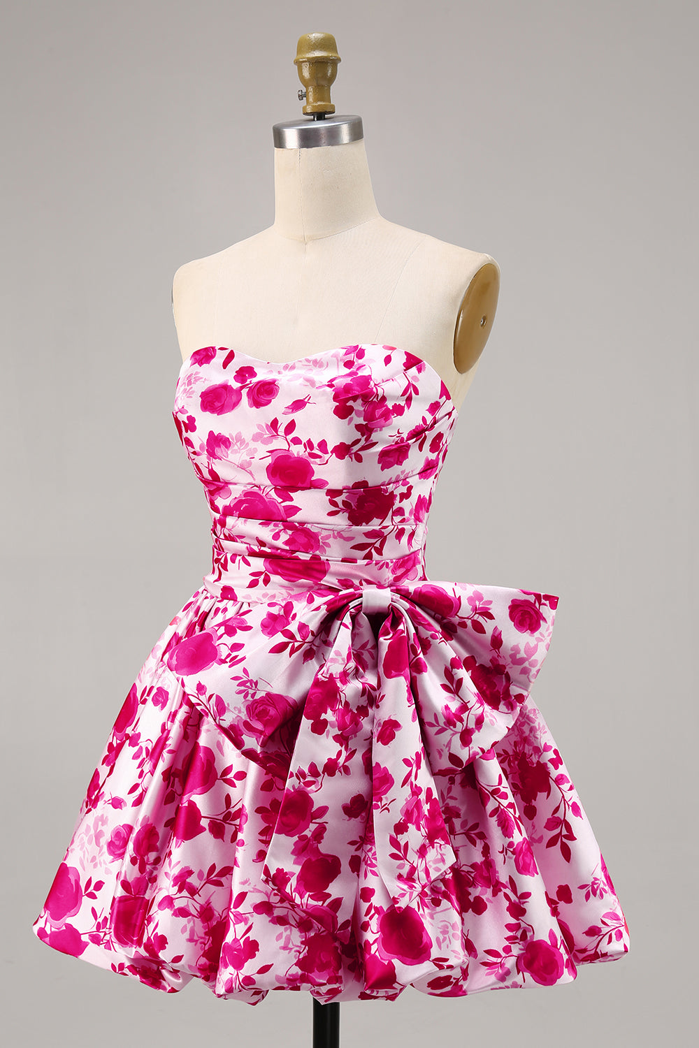 Floral Fuchsia Strapless A Line Homecoming Dress with Bow