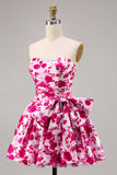 Floral Fuchsia Strapless A Line Homecoming Dress with Bow