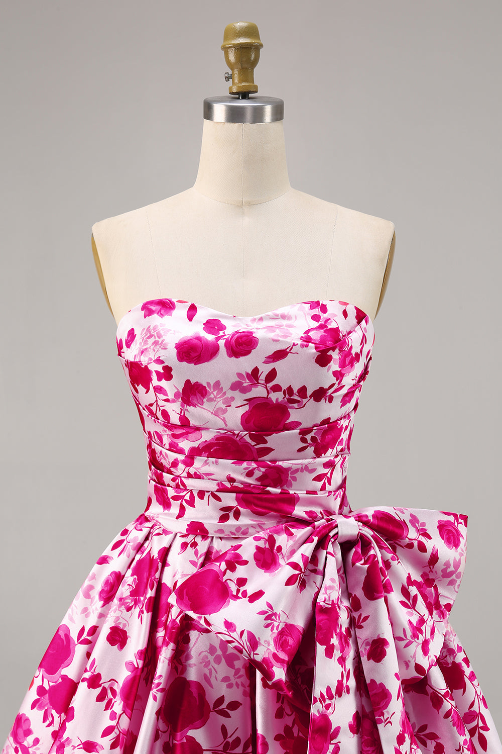 Floral Fuchsia Strapless A Line Homecoming Dress with Bow