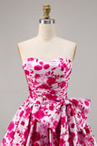 Floral Fuchsia Strapless A Line Homecoming Dress with Bow