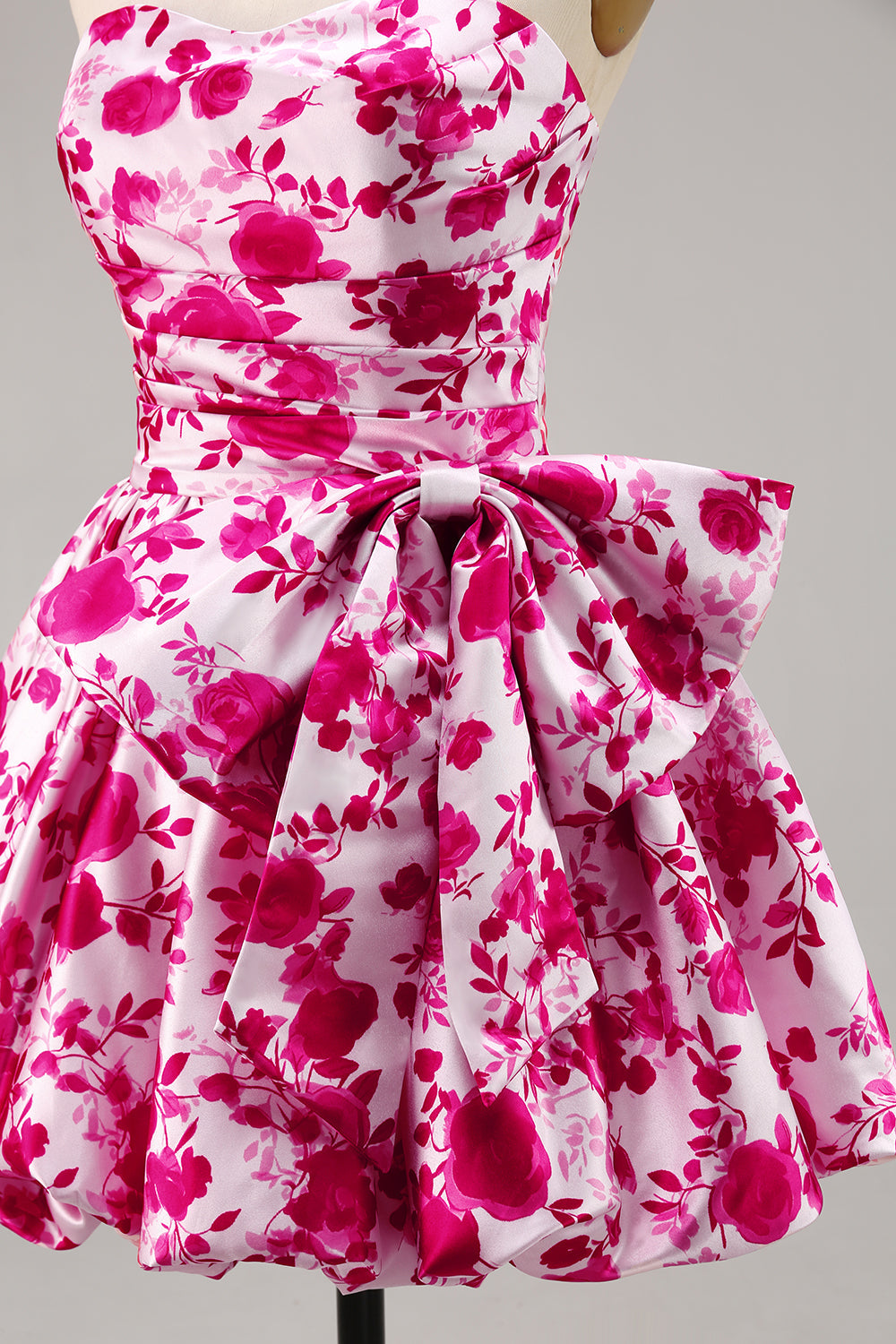 Floral Fuchsia Strapless A Line Homecoming Dress with Bow