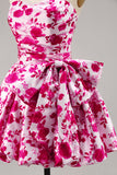 Floral Fuchsia Strapless A Line Homecoming Dress with Bow