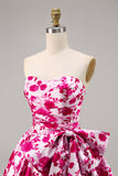 Floral Fuchsia Strapless A Line Homecoming Dress with Bow