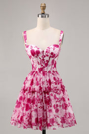 Floral Fuchsia Corset Printed A Line Homecoming Dress