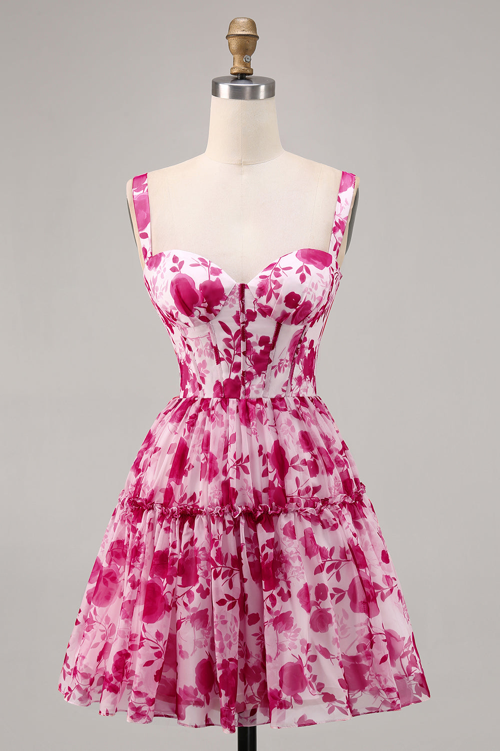 Fuchsia Floral Corset A Line Printed Short Ball Dress