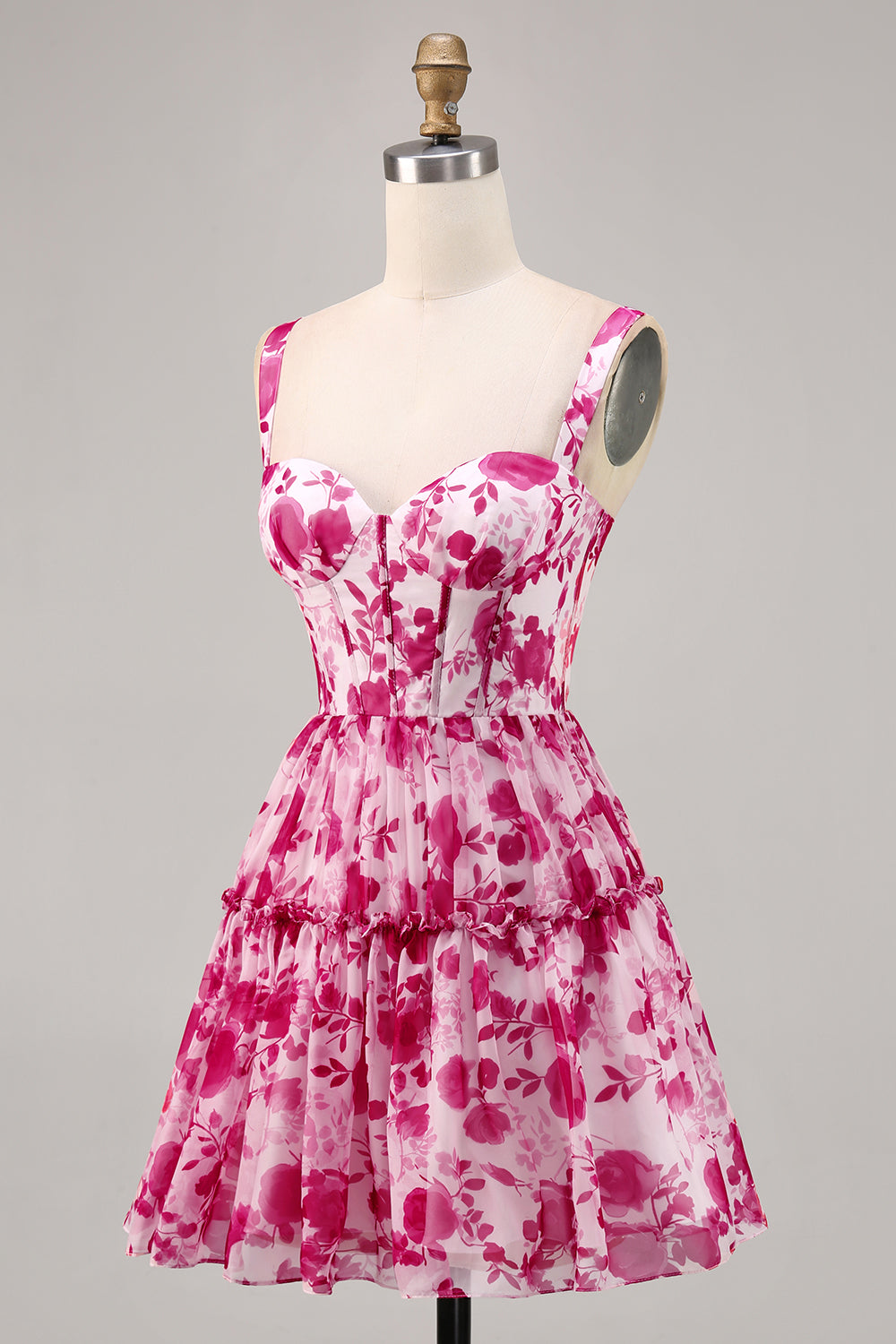 Floral Fuchsia Corset Printed A Line Homecoming Dress
